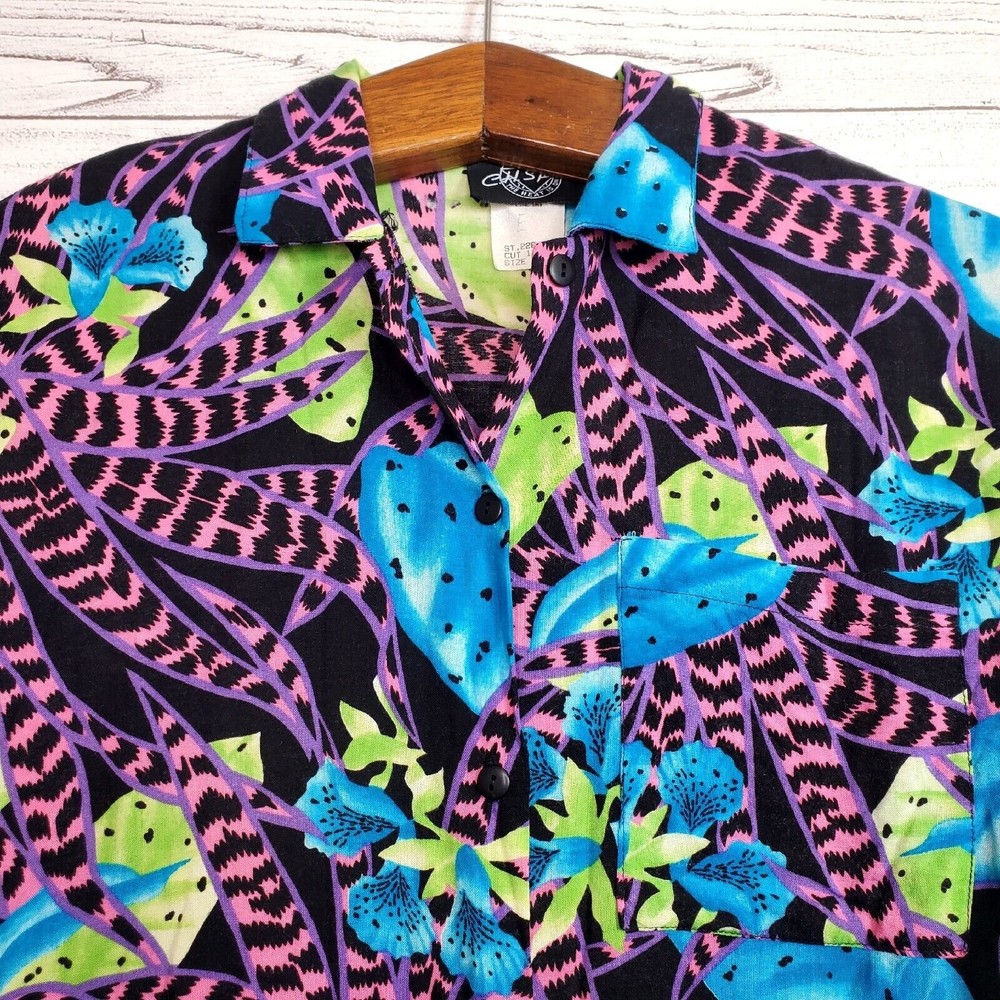 Vintage C.H. Sports 90's Hawaiian Top Tropical Floral Shirt Medium Made In USA - Picture 2 of 8